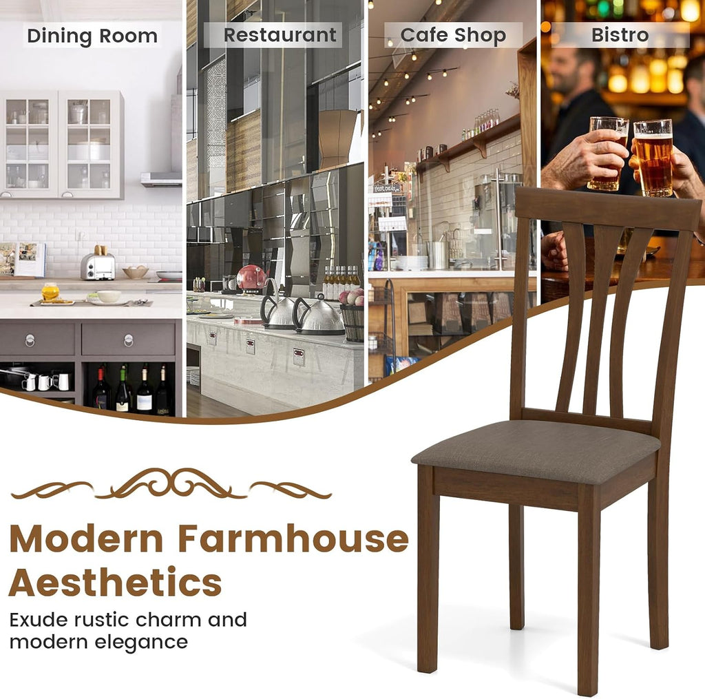 Giantex Wooden Dining Chairs Set of 2, Linen Fabric Upholstered Kitchen Armless Chair w/Rubber Wood Frame, Padded Seat, High Curved Back, Farmhouse Accent Side Chairs for Living Room (Brown+Gray)