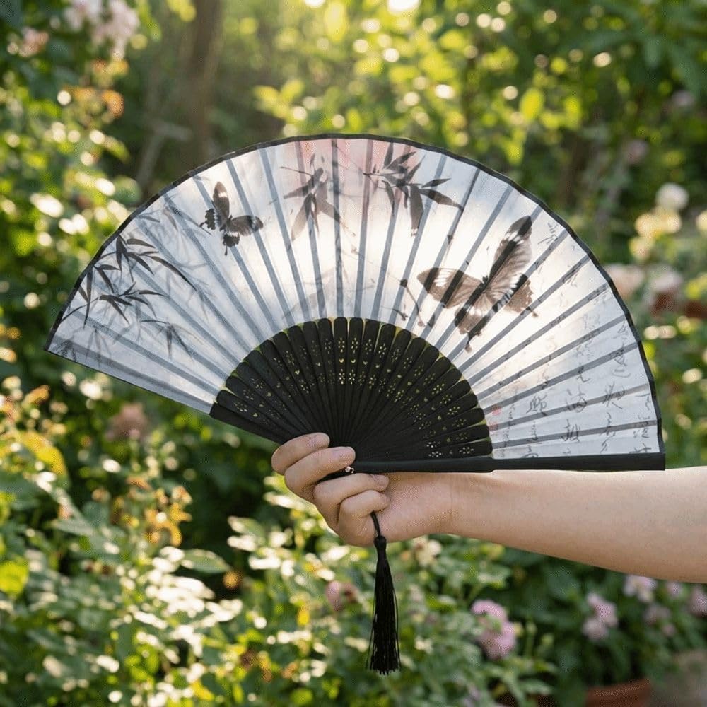 Chinese Style Antique Silk Folding Hand Fan, Elegant Dance Fan Art Crafts with Tassel Handheld Dance Fan Dance Props ﻿