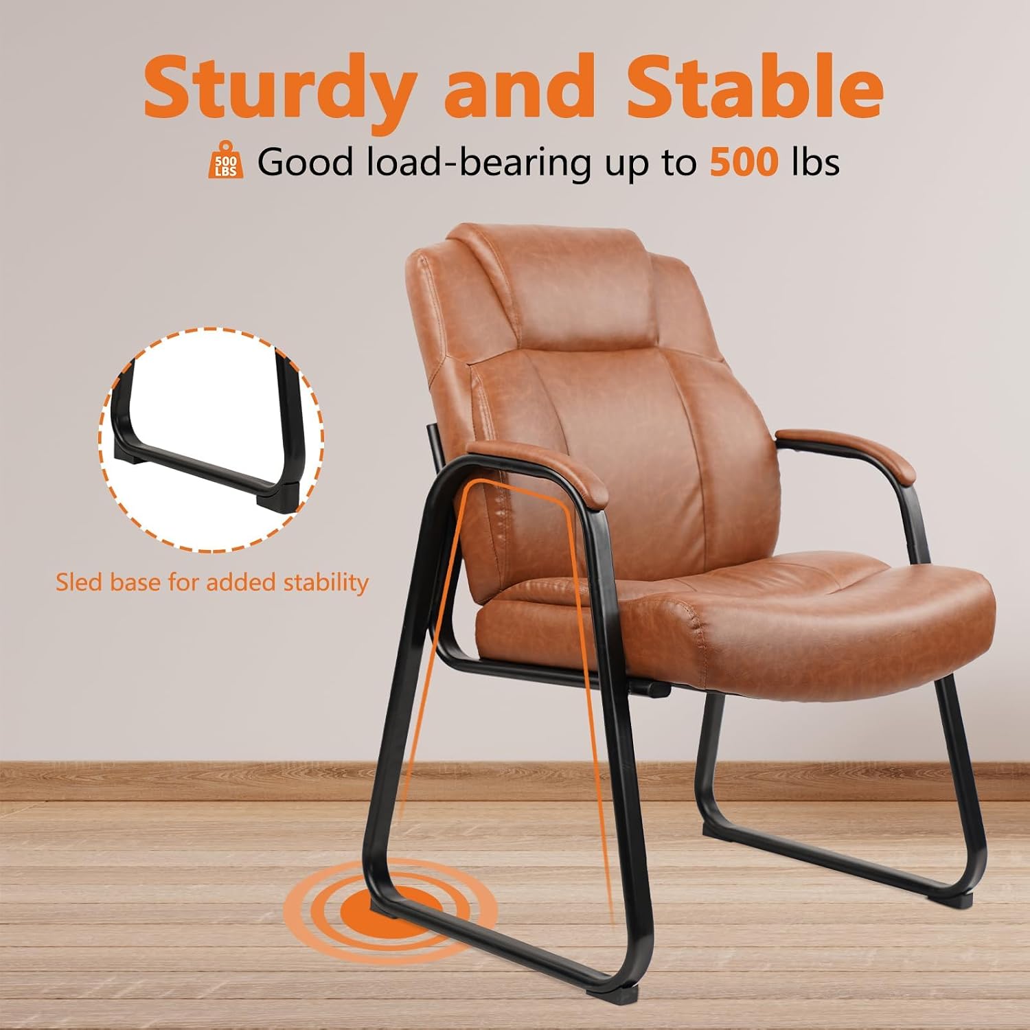 CLATINA Big & Tall 500 LBS Guest Chair, PU Leather Office Reception Chairs with Sled Base, Desk Chair No Wheels for Waiting Room Conference Lobby Computer Living Room School, Brown