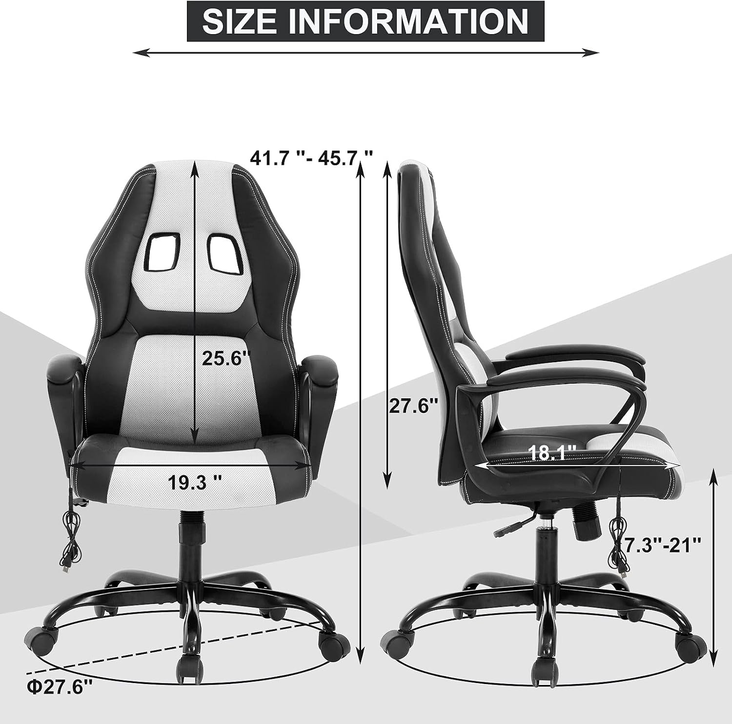 Gaming Chair Massage Office with Lumbar Support Headrest, Ergonomic Desk Padded Armrest, PC Racing Style Computer Chair, Modern Rolling Swivel White, 19.3 x 18.1 45.7 inches