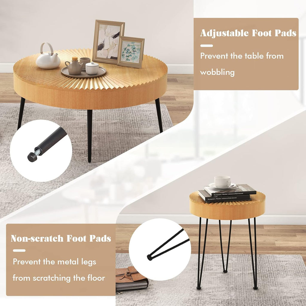 Giantex Boho Round Coffee Table Set of 2, Sofa Side Nesting Table with Solid Pine Wood Top, Metal Legs & Adjustable Foot Pads, 31.5" D Large Table Set for Living Room (Radial Pattern, Natural)