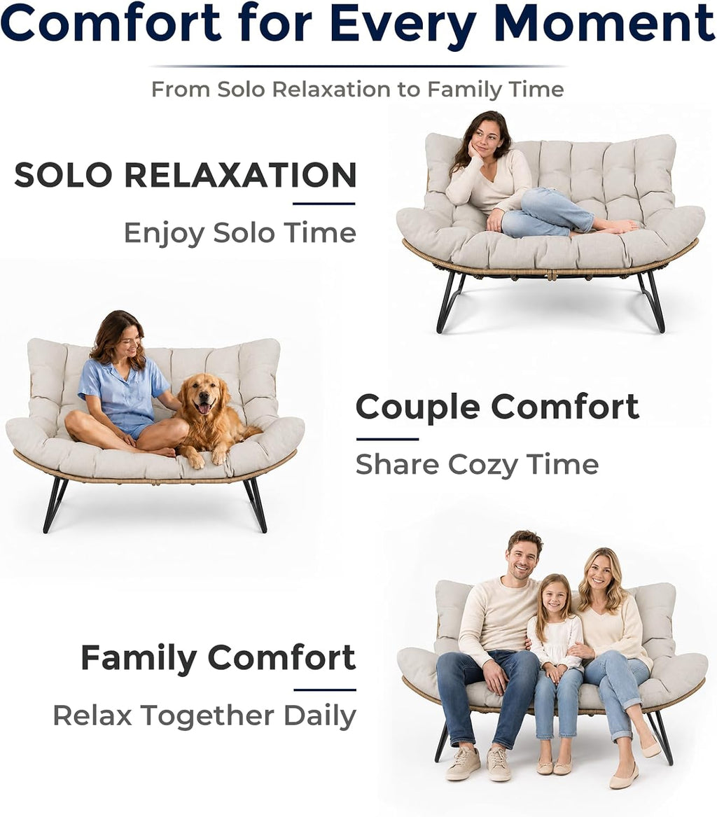 SWITTE Outdoor Papasan Loveseat, Oversized Double Wicker Egg Chair with Cushion, All-Weather Rattan 2-Seater Patio Lounge Chair for Balcony, Backyard, Poolside, Porch, Beige
