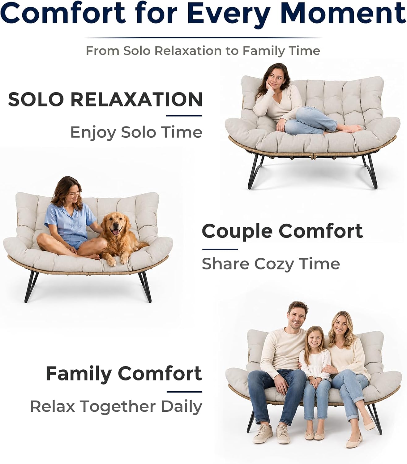 SWITTE Outdoor Papasan Loveseat, Oversized Double Wicker Egg Chair with Cushion, All-Weather Rattan 2-Seater Patio Lounge Chair for Balcony, Backyard, Poolside, Porch, Beige