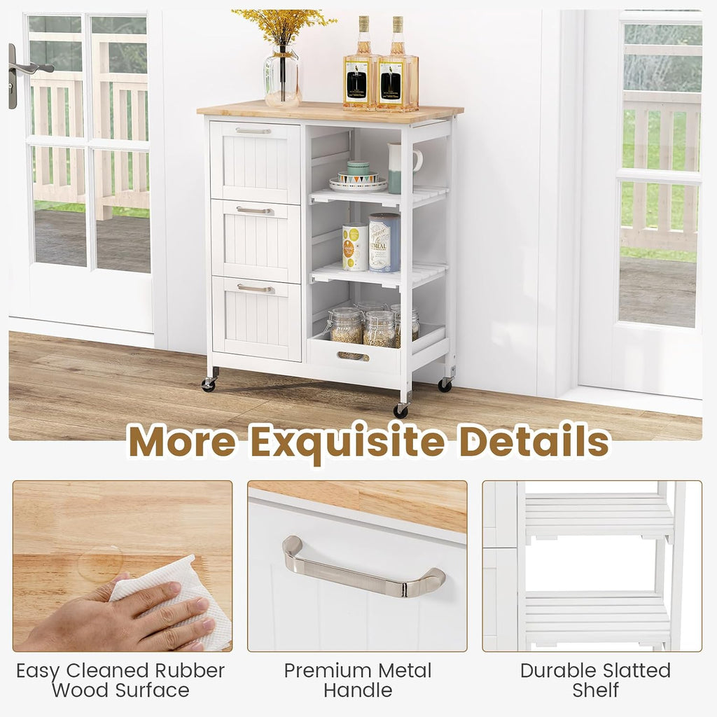COSTWAY Kitchen Storage Island Cart on Wheels, Kitchen Rolling Trolley Cart with 3 Drawers and Shelves, 360° Wheels & Detachable Tray, Kitchen Island for Dining Room, Living Room & Bedroom