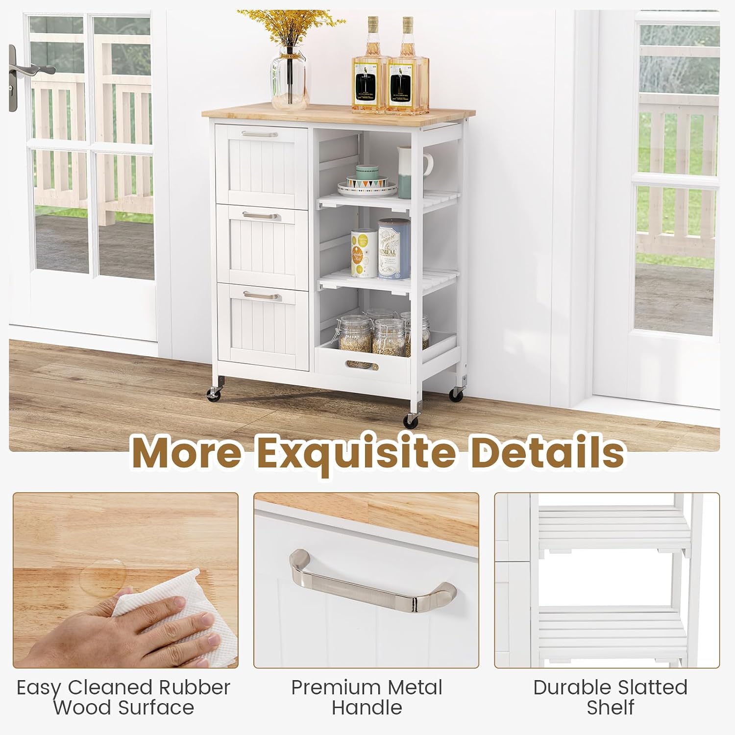 COSTWAY Kitchen Storage Island Cart on Wheels, Kitchen Rolling Trolley Cart with 3 Drawers and Shelves, 360° Wheels & Detachable Tray, Kitchen Island for Dining Room, Living Room & Bedroom