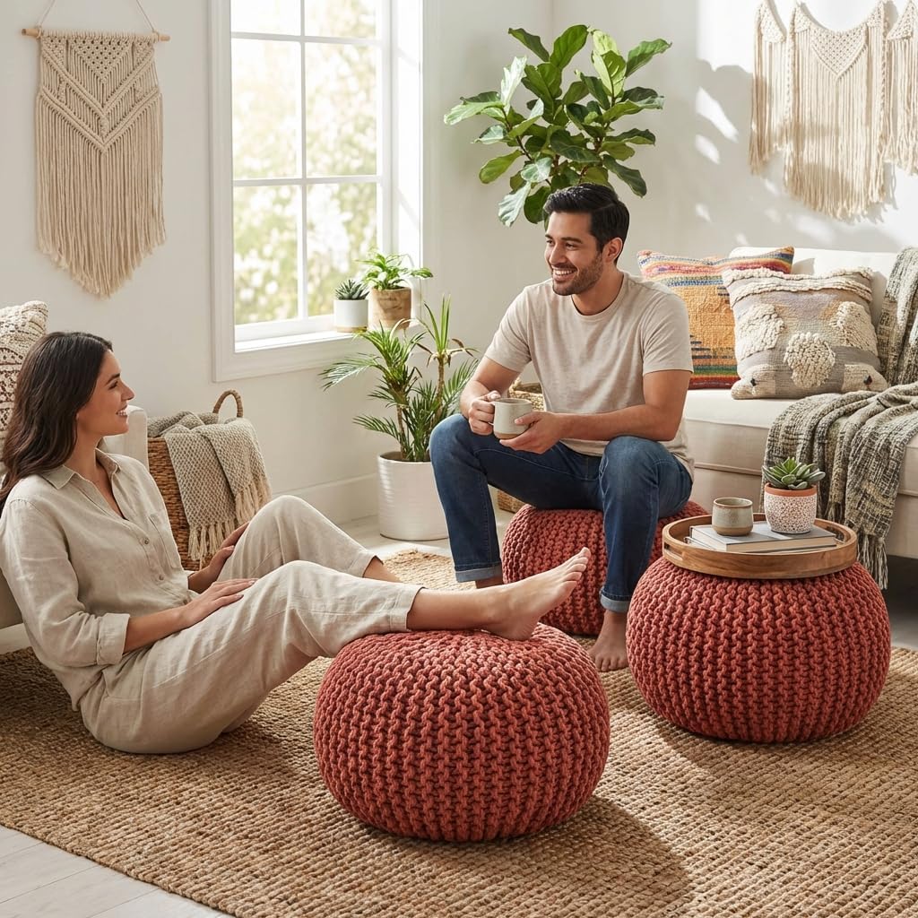 Poona Handcrafted Modern Cotton Pouf, Coral, Soft Upholstered Ottoman with Tassels, Boho Floor Seating for Living Room Bedroom and Nursery
