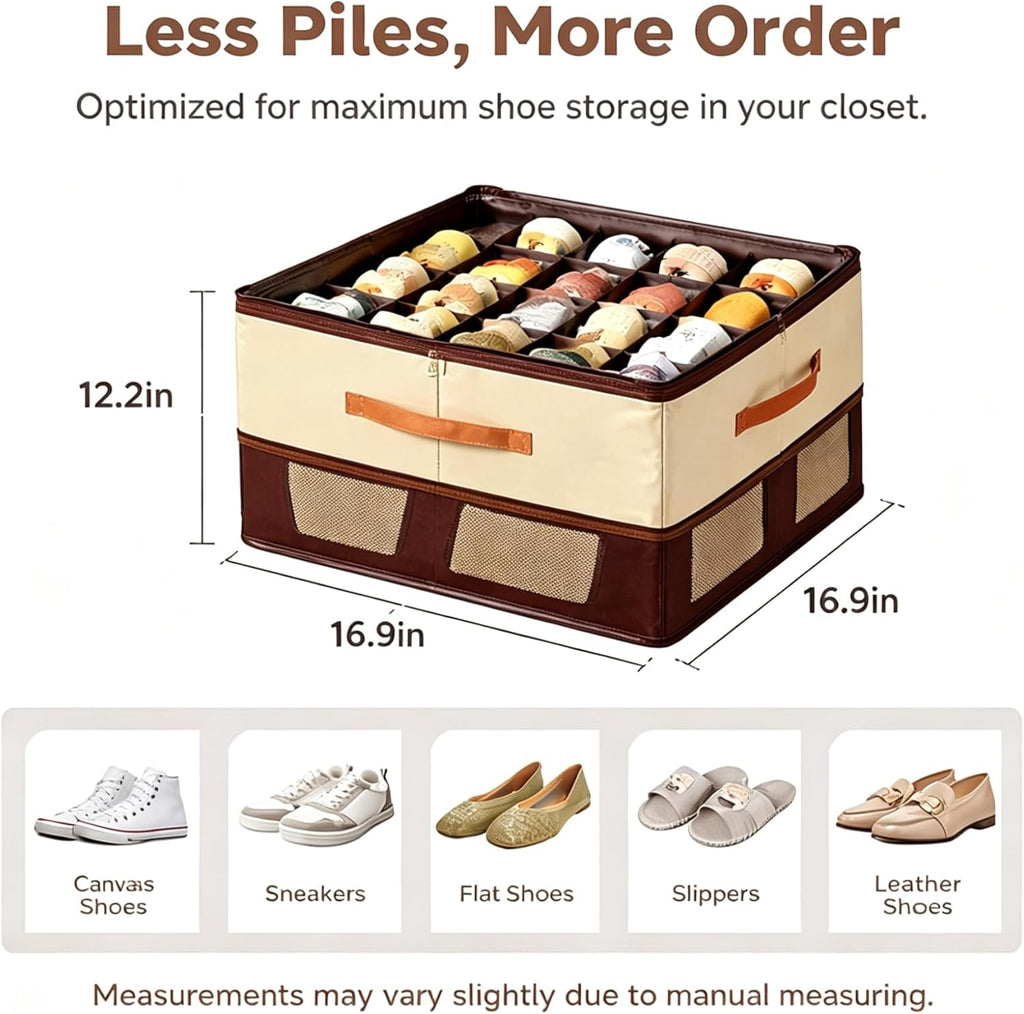 16 Grid Shoe Storage Box Organizer, Foldable Under Bed Shoe Organizer with Clear Lid & Side Mesh Pockets, Large Closet Storage Bins for Sneakers, Heels, Boots, Holds Up to 32 Pairs, 2 Pack