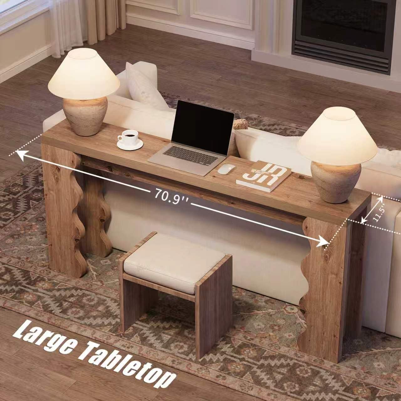 karlott 70.9" Farmhouse Entryway Table, Wood Console Table ，Behind Couch Table, Extra Long Sofa Table, Wavy Edge Design Console Table for Entryway, Entrance, Hallway, Forey, Living Room, Natural