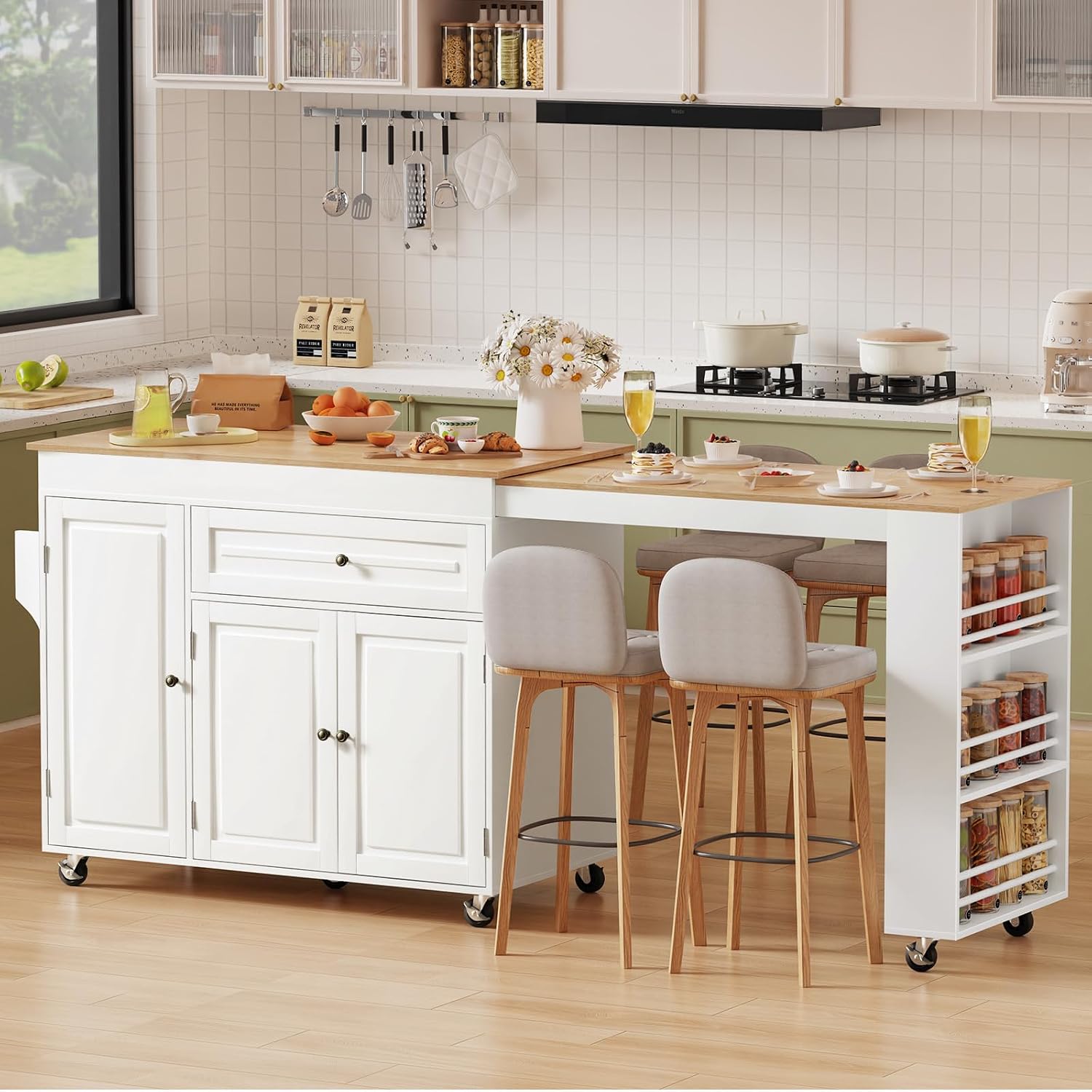 Expandable Kitchen Island with Storage Drawer and Wheels, White | Rubberwood top expands 48.4"-82.6". Spacious drawer, 2 cabinets, 2 shelves, spice rack & towel bar. Lockable casters.