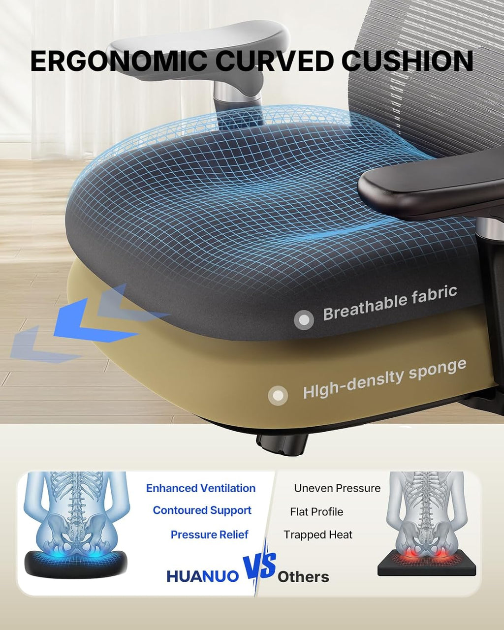 HUANUO Ergonomic Office Chair with 6D Armrest, Seat Depth Adjustment, Lumbar Support, Quiet Rubber Caster, High Back Mesh Gaming Chair with 3D Headrest, Big and Tall Desk Chair for Home Office, Black