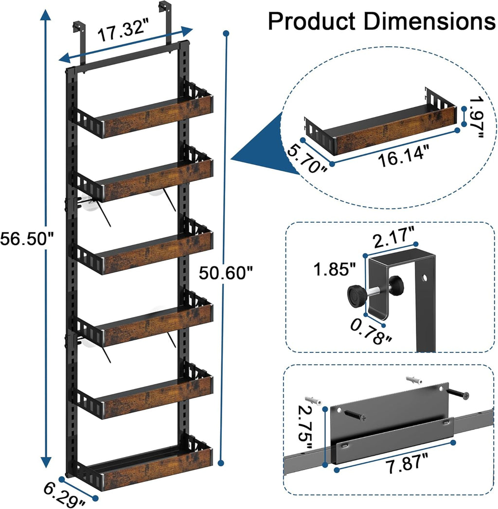 BUKFEN 6-Tier Over the Door Pantry Organizer, 2-in-1 Door Hanging or Wall Mounted Spice Rack with Adjustable Wooden Baskets, Heavy Duty Metal Storage Shelf, 12 Hooks for Kitchen, Bathroom, Closet