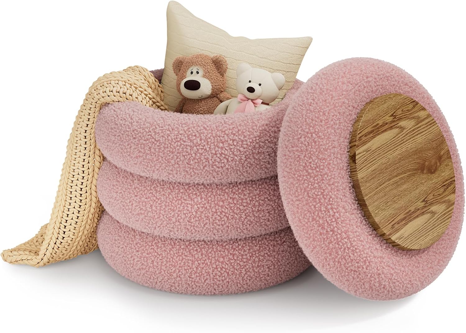 Soft Teddy Round Ottoman with Tray, 17.5 Inches Ottoman Coffee Table with Storage for Living Room, Vanity Stool with Storage Bedroom, Load up to 300 lb, No Assembly Required (Dusty Pink)
