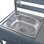 RuiSiSi Patio Rolling Kitchen Island Solid Wood Kitchen Cart with Sink, Garden Potting Bench with Stainless Table Top, 2 Movable Shelves and 1 Bottle Opener, Grey