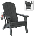 Folding Adirondack Chair with Cup Holder, HDPE All Weather Resistant Plastic Outdoor Patio Chairs with Footrest, Heavy Duty Fire Pit Seating for Backyard Lawn Garden, Wood Textured(Gray)