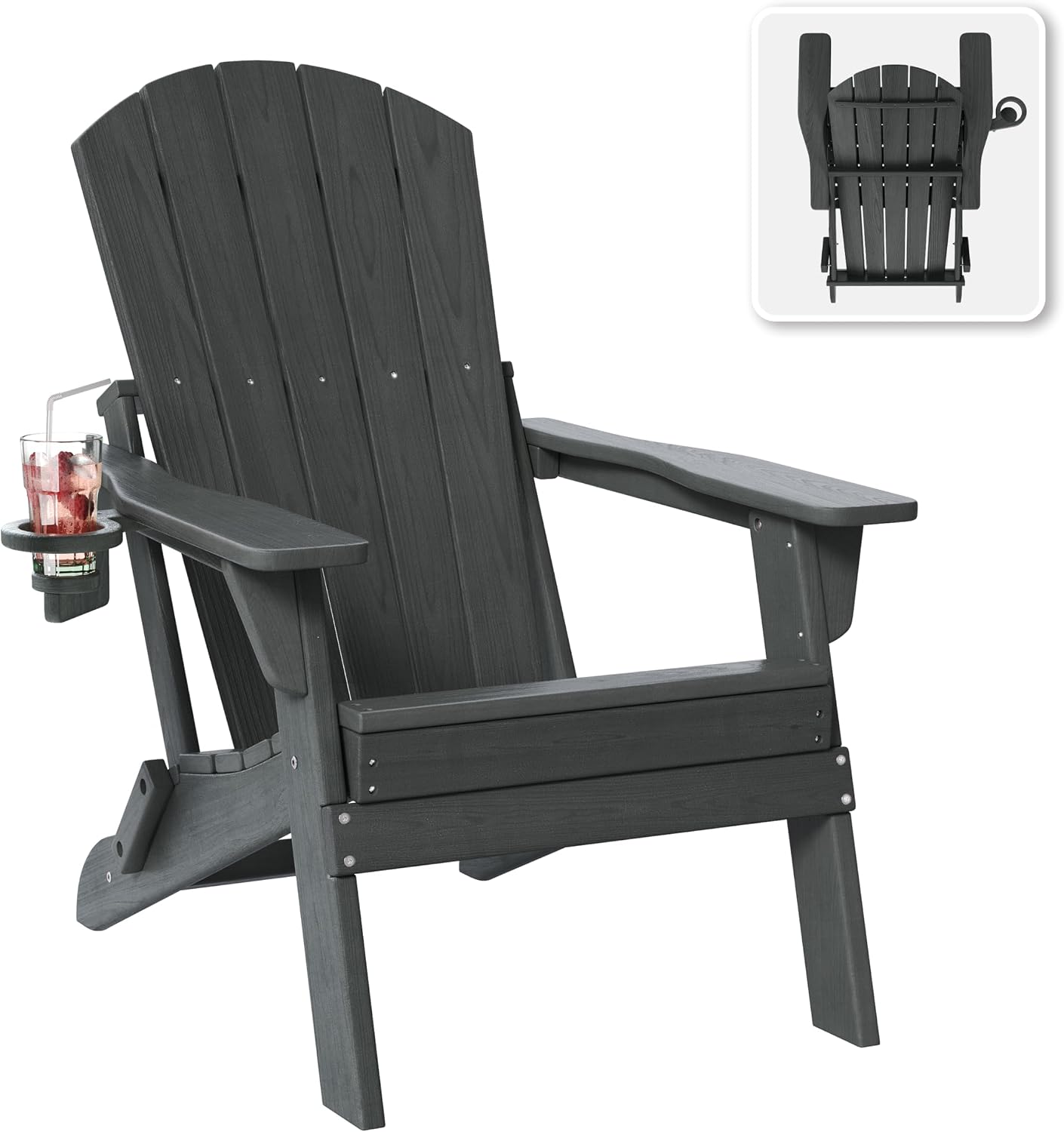 Folding Adirondack Chair with Cup Holder, HDPE All Weather Resistant Plastic Outdoor Patio Chairs with Footrest, Heavy Duty Fire Pit Seating for Backyard Lawn Garden, Wood Textured(Gray)