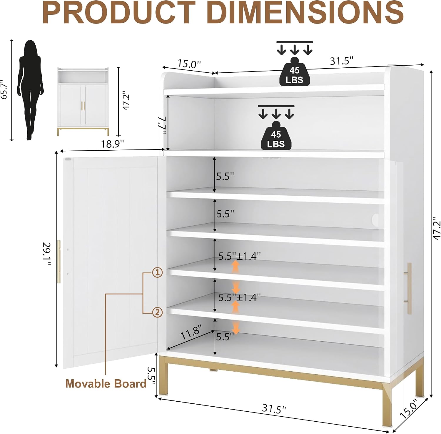 DreamDashio Shoe Cabinet with Adjustable Shelves & Doors, 7-Tier Farmhouse Shoe Storage Cabinet with Golden Metal Legs, 47.2'' Tall Shoes Rack Organizer Cabinet with Open Storage for Entryway, Hallway