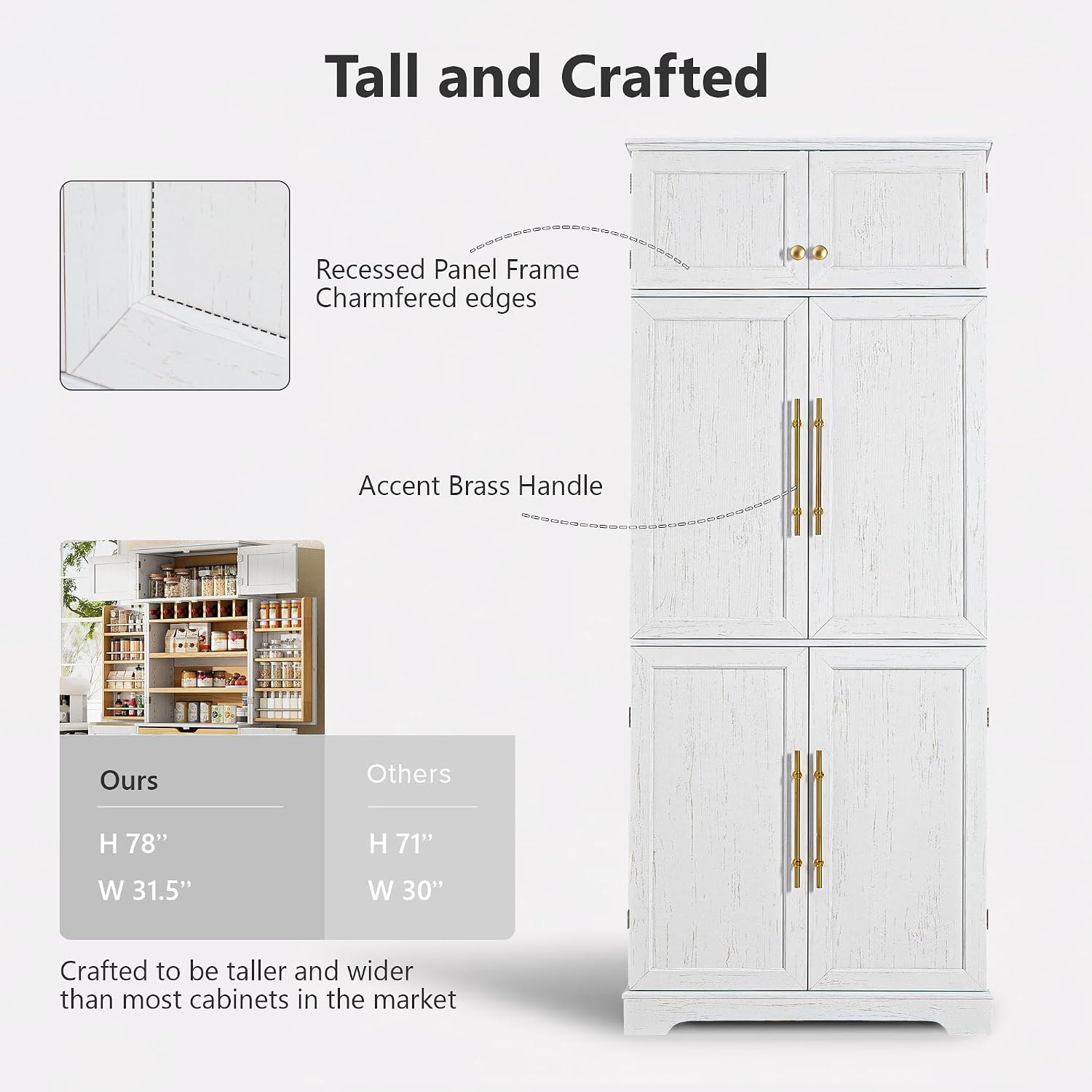 78.2" Tall Farmhouse Kitchen Pantry Cabinet, Storage Cabinet with 8 Door Shelves & 4 Adjustable Shelves, Hidden Drawer and Wine Rack for Kitchen, Dining Room, Bathroom, Retro White
