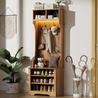 HOMMPA 24" Hall Tree with Bench and Shoe Storage, 5-in-1 Entryway Hall Tree with LED Light, 5 Tri-Hooks, Shoe Cabinet & Open Compartment, Farmhouse Style Mudroom Storage Bench w/Coat Rack for Hallway