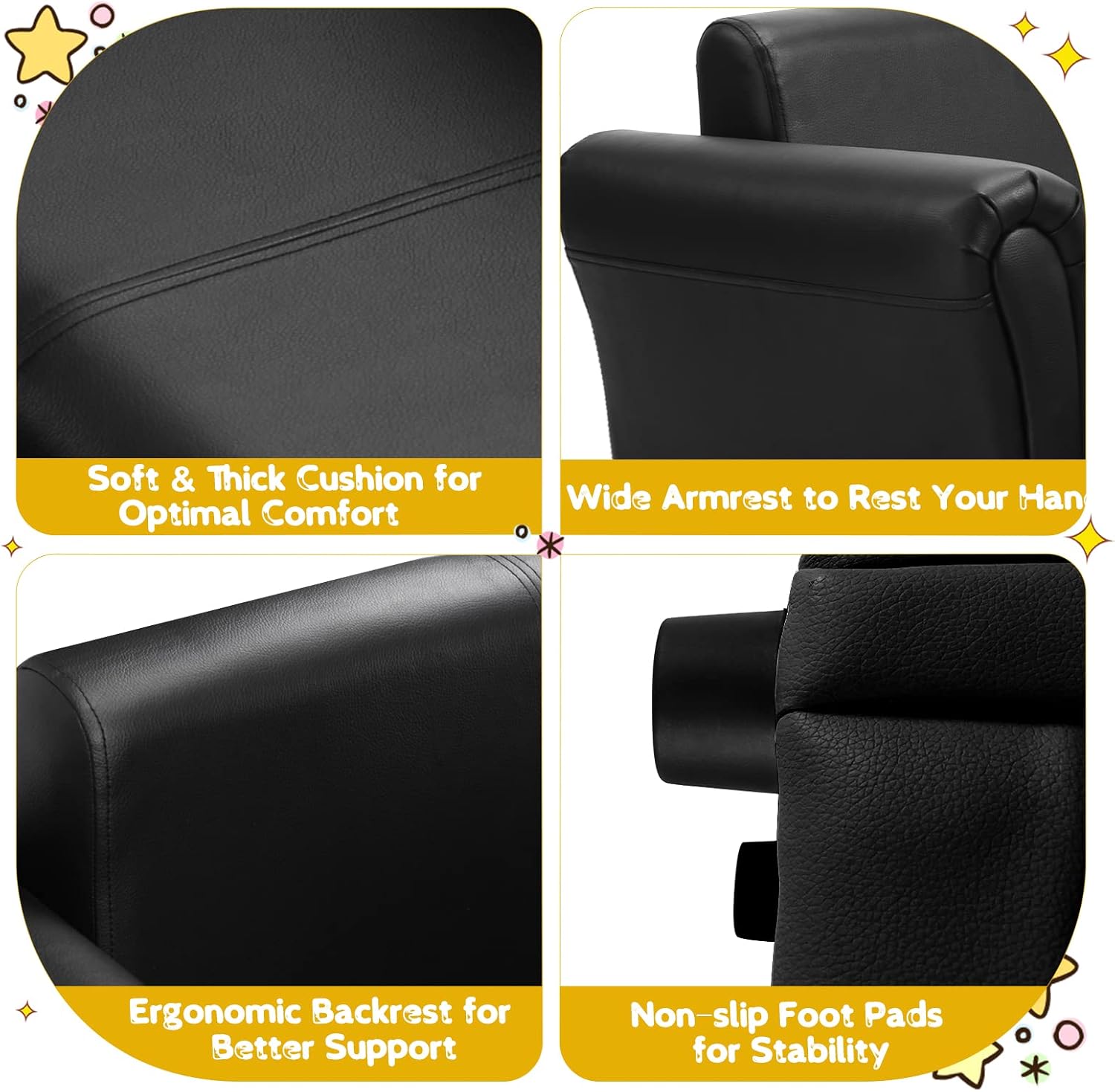 HONEY JOY Kids Sofa, 2 Seat Toddler Couch Lounge Bed with Ottoman, Sturdy Wood Construction, Children PU Leather Upholstered Loveseat Armrest Chair for Bedroom Living Room, Double Seat w/Stool (Black)