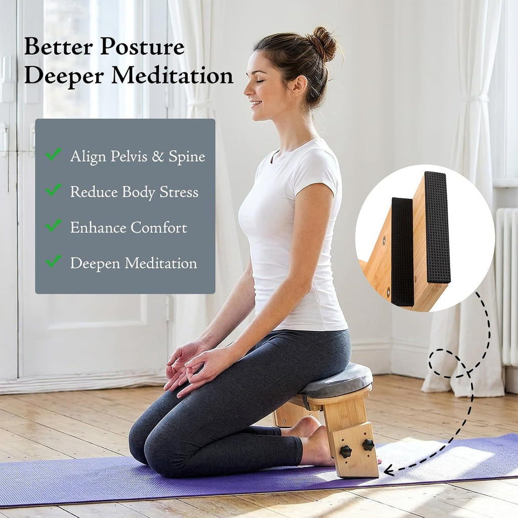 Adjustable Height Meditation Bench with Velvet Cushion, Bamboo Folding Prayer Kneeling Stool Yoga Meditation Chair, Zen Prayer Bench