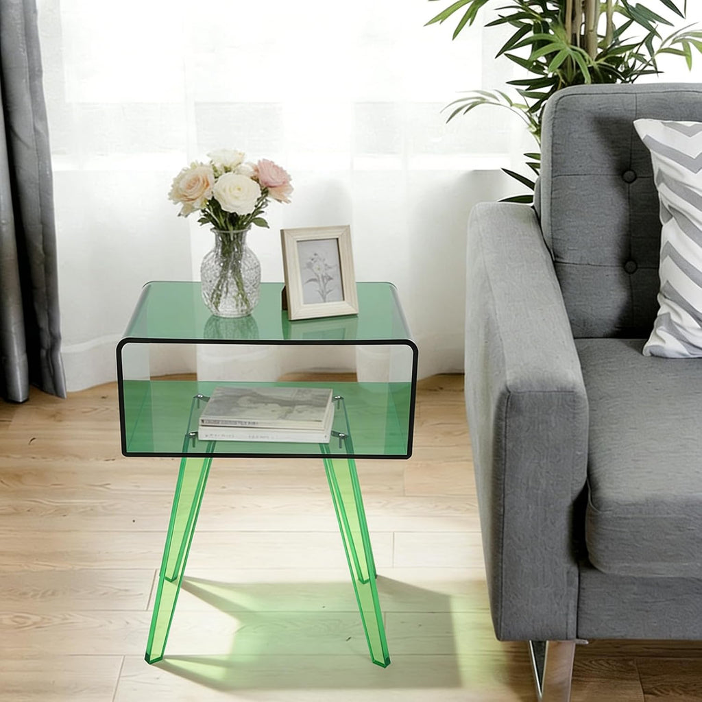 Acrylic Side Table, Round End Table with Storage, 19.7" H Small Modern Bedside Tables Nightstand, Home Decor Accent Table for Living Room Bedroom Office (Green)