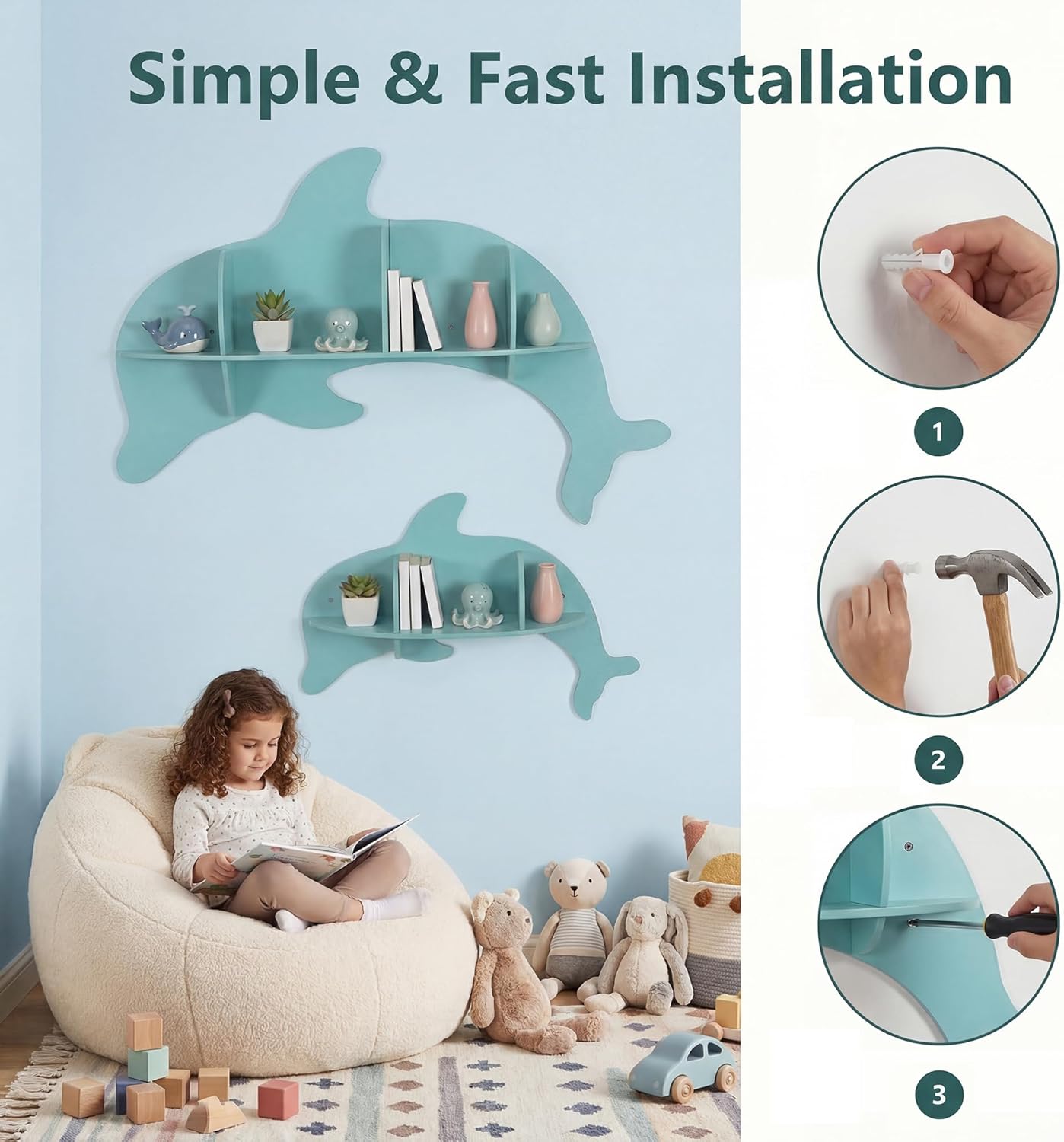 HONEY JOY Wall Mounted Kids Book Shelves Set of 2, Dolphin-Shaped Floating Book Shelves w/Compartments, Space-Saving Cute Bookcases, Wooden Display Storage Rack for Bedroom Nursery Kindergarten