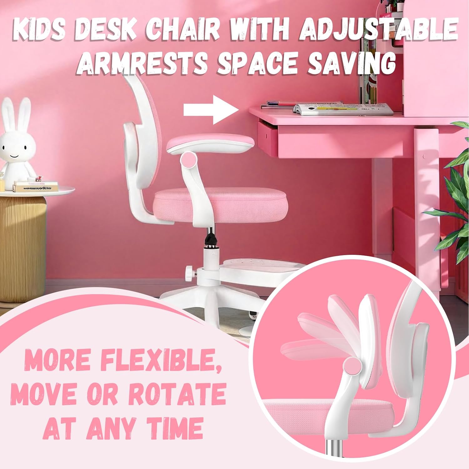 Adjustable Kids Desk Chair, Ergonomic Children Study Computer Chair with Footrest & Flip-up Armrest, Mesh Student Teen Task Chair with Wheels, Kids Office Chair for Boys Girls (Pink-White)