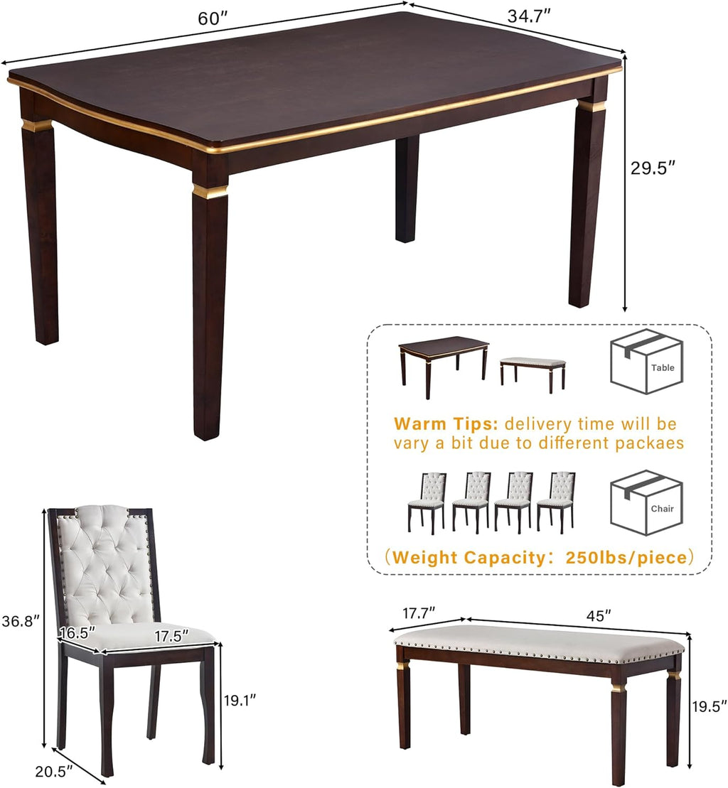 Merax 6-Piece Solid Wood Dining Table Set, Modern Elegant 60" Rectangular with 4 High-Back Tufted Upholstered Chairs + 1 Bench for Kitchen Room, Espresso