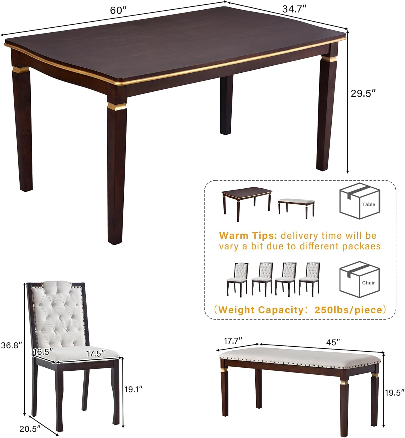 Merax 6-Piece Solid Wood Dining Table Set, Modern Elegant 60" Rectangular with 4 High-Back Tufted Upholstered Chairs + 1 Bench for Kitchen Room, Espresso