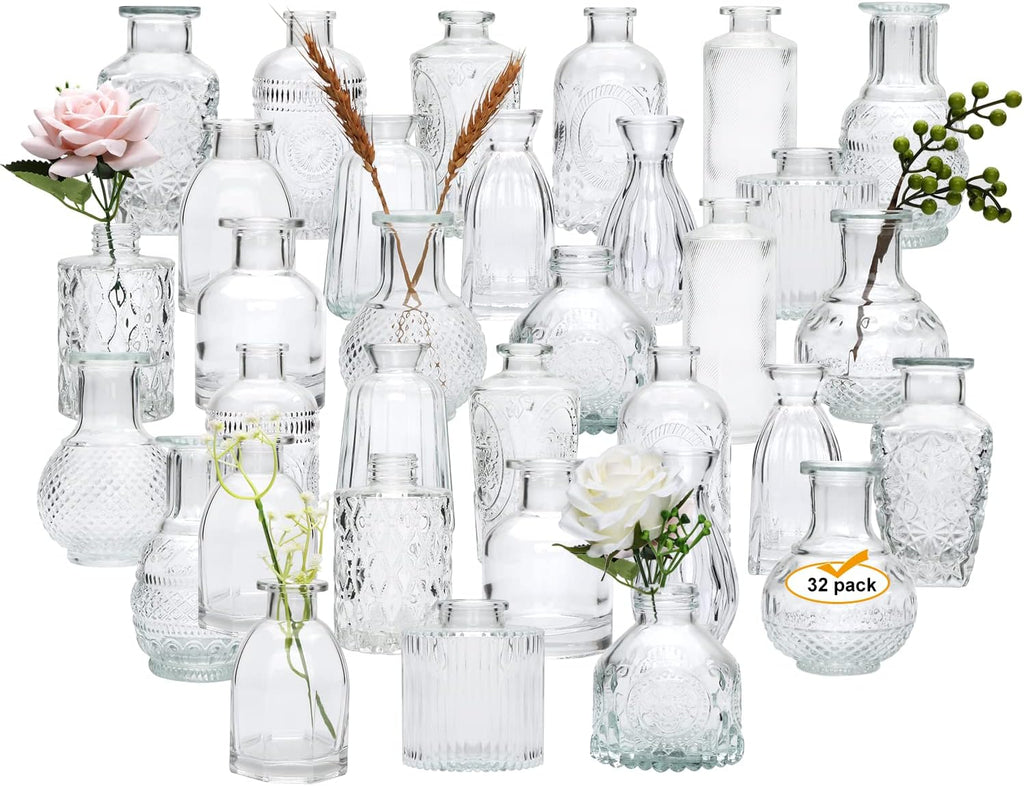 Glass Bud Vases Set of 32,Small Flower Vases for Wedding Centerpiece Table Decorations,Clear Vintage Embossed Mini vases,Flower Arrangements in Vases for Party or Home Decor