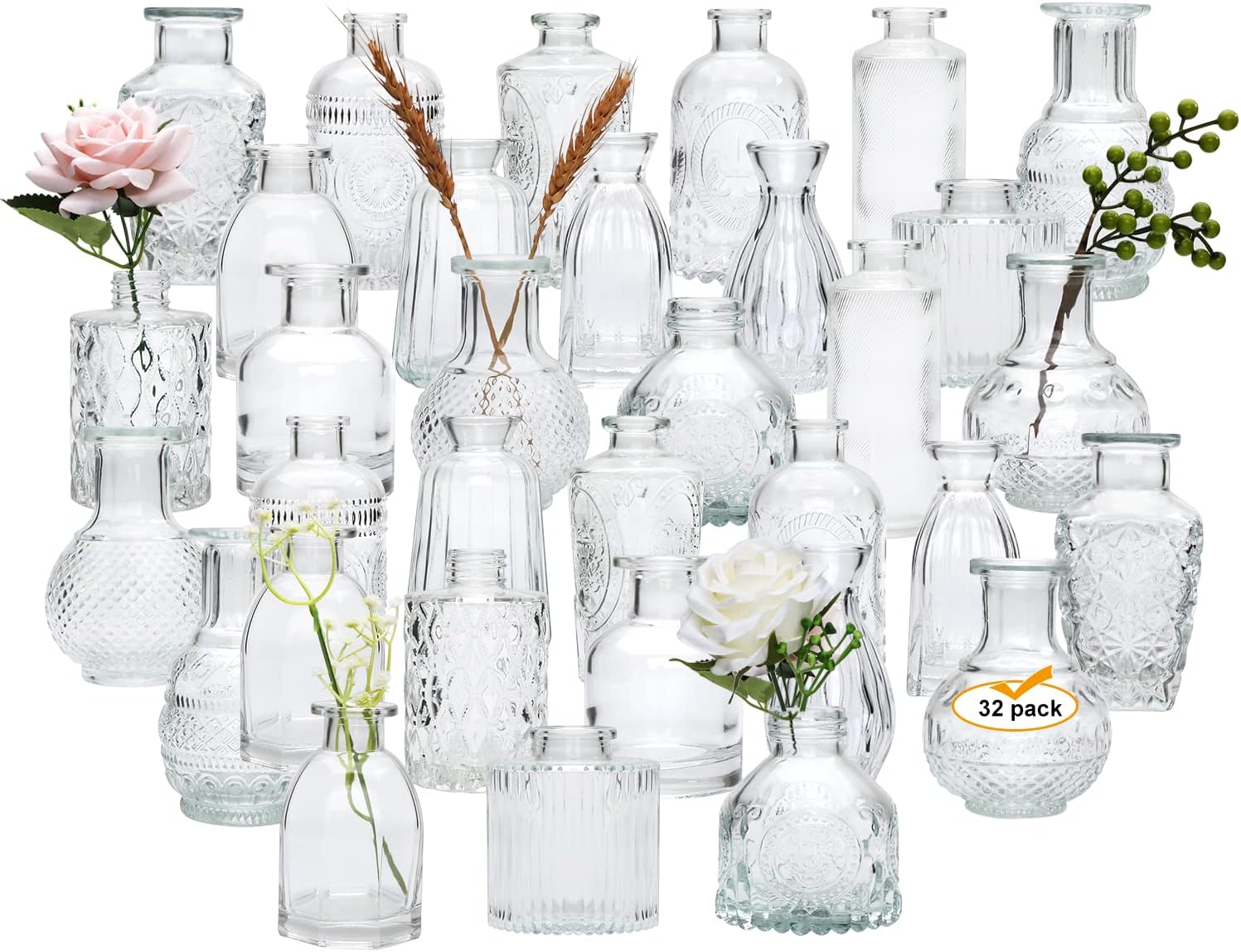 Glass Bud Vases Set of 32,Small Flower Vases for Wedding Centerpiece Table Decorations,Clear Vintage Embossed Mini vases,Flower Arrangements in Vases for Party or Home Decor