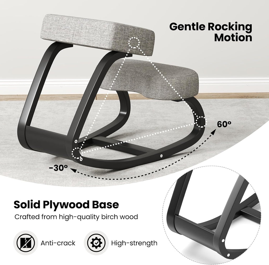 Goplus Ergonomic Kneeling Chair, Rocking Upright Posture Chair with Soft Seat & Knee Pads, Wooden Backless Knee Chair Relieves Neck Back Pain for Home Office Study, Gray and Black