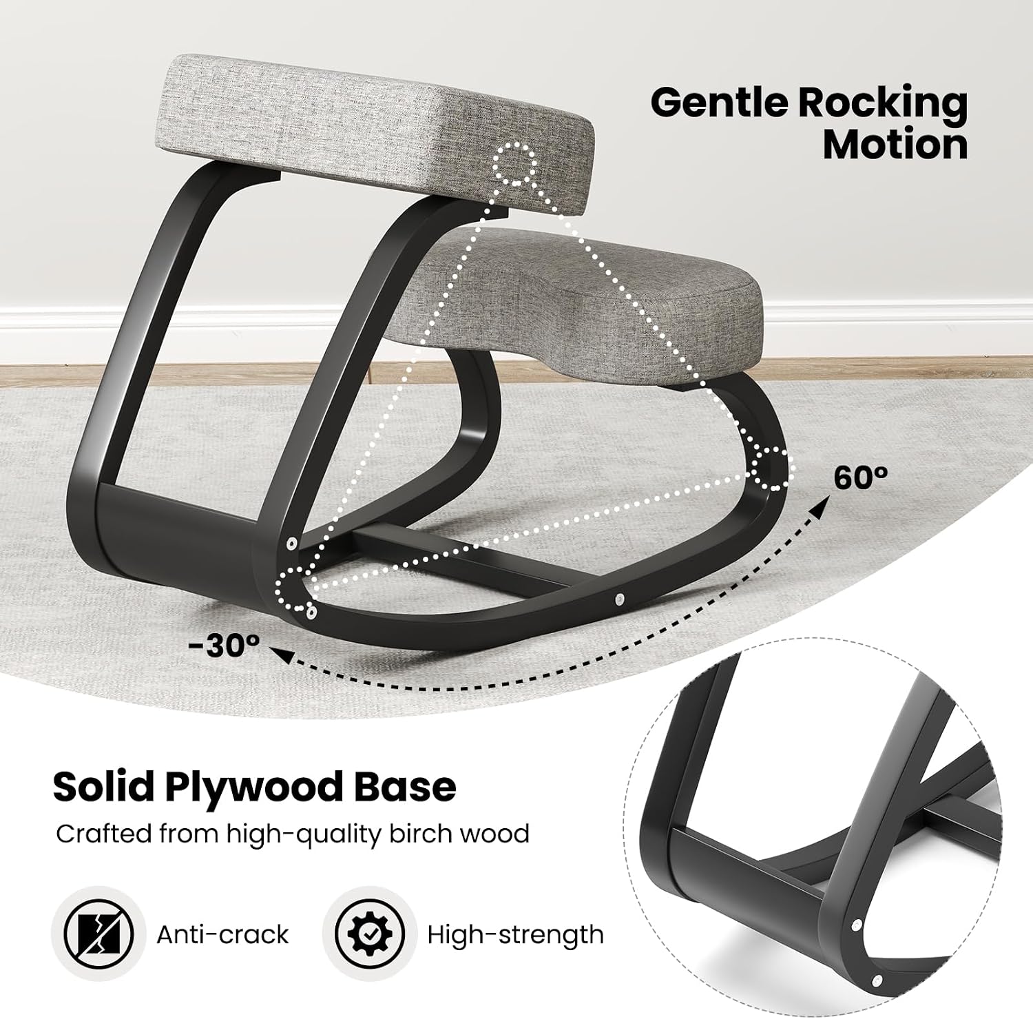 Goplus Ergonomic Kneeling Chair, Rocking Posture Chair w/Soft Seat & Pads, Wooden Backless Knee Chair for Home Office Study