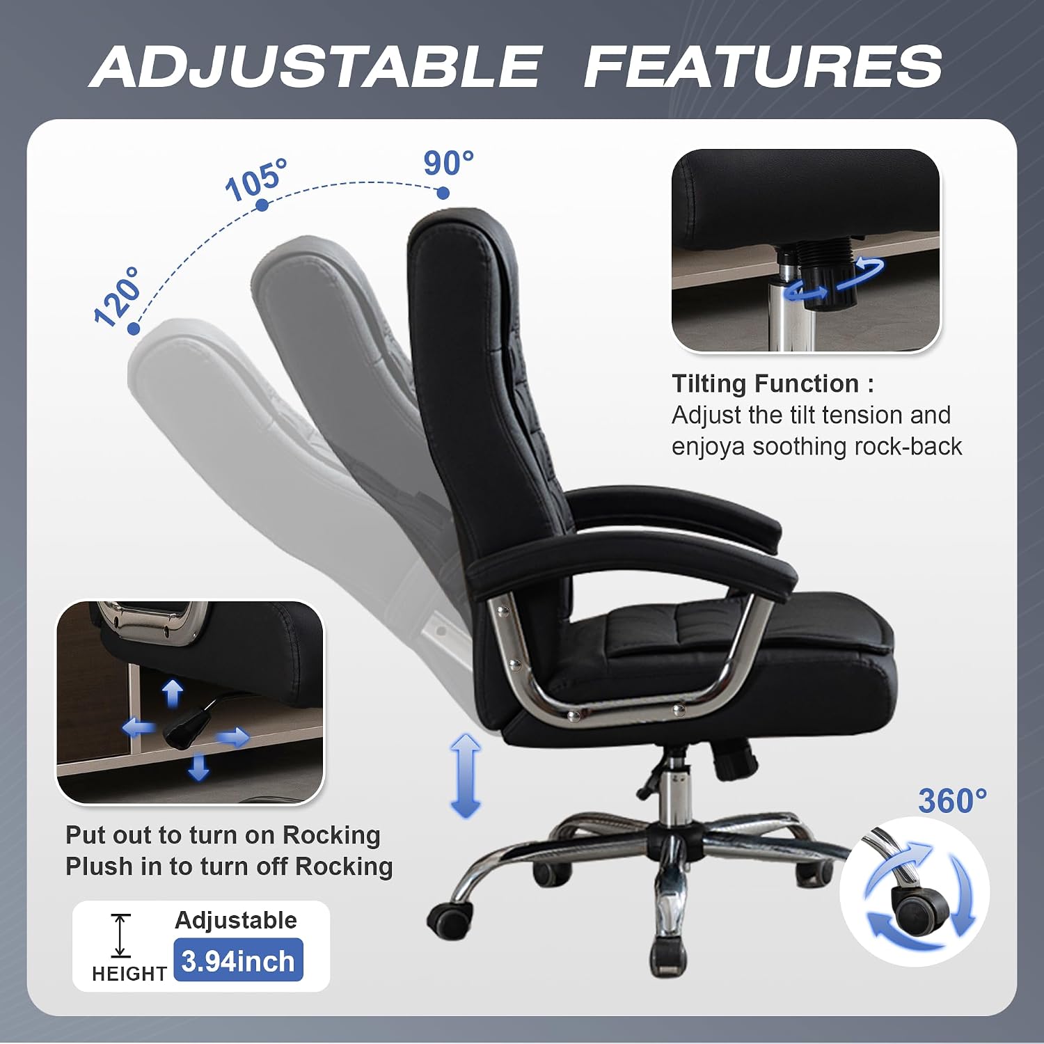 Executive Office Chair Adjustable Leather Chair, High Back Swivel Office Desk Chair with Padded, Armrest 350lbs Load-Bearing Spring Seat Computer Desk Chair for Home Office, Black