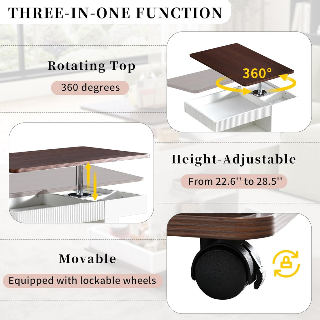 Adjustable End Table with Wheels, Modern Lift-Top Sofa Side Table, 360° Rotating Top & Storage Shelf – Multifunctional Small Space Furniture for Living Room, Bedroom, Office (White)