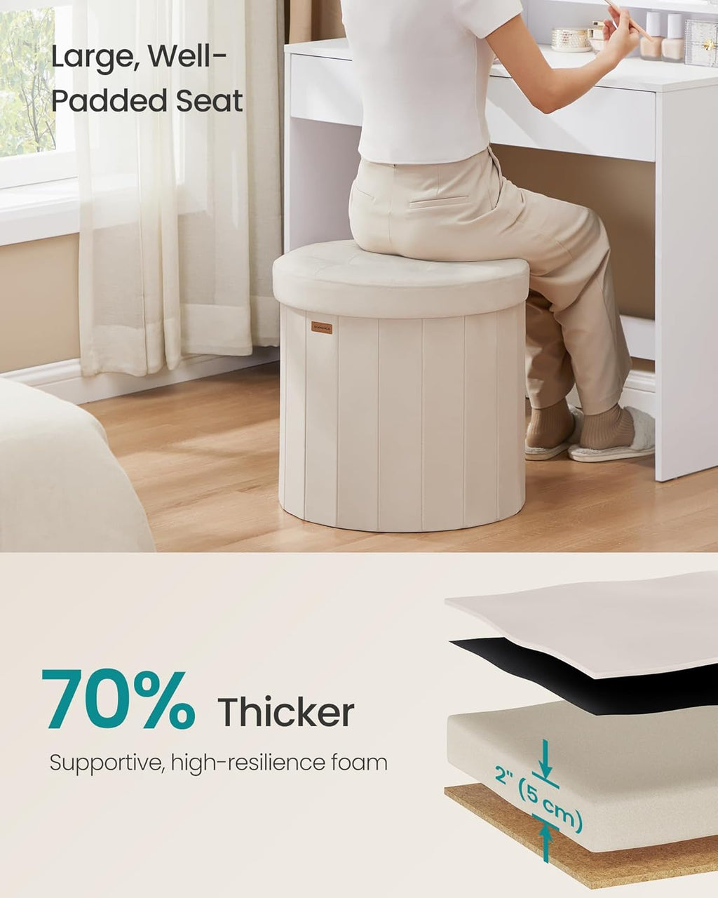 SONGMICS Mazie Collection - Round Storage Ottoman, Folding Footrest Stool with Removable Lid, Easy Assembly, Velvet Vanity Stool for Bedroom, Living Room, Entryway, Cappuccino Beige ULSF608L01