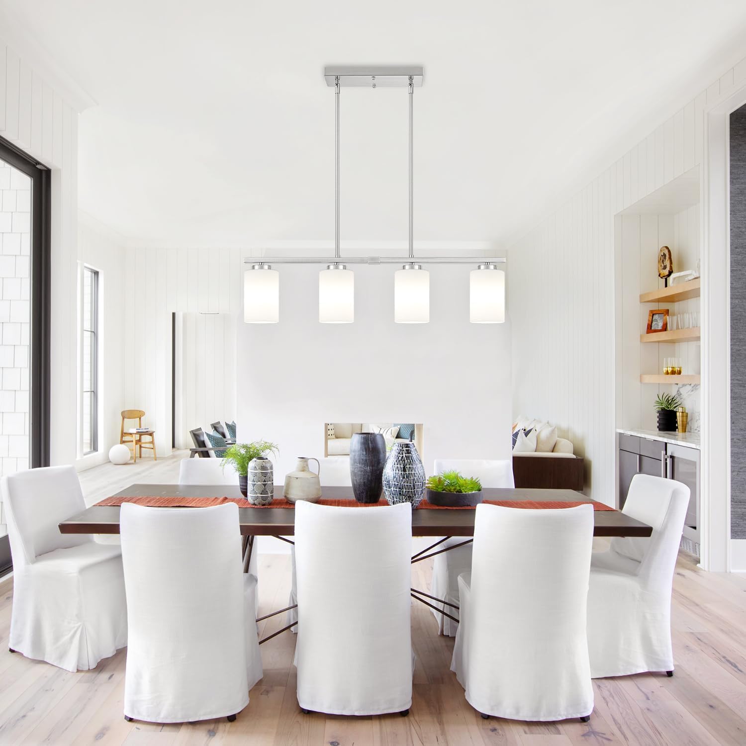 Modern Island Lights for Kitchen, Brushed Nickel Dining Room Light Fixtures, 4-Light Linear Chandeliers Over Table White Frosted Glass Kitchen Hanging Lights Pendant Lighting Over Island
