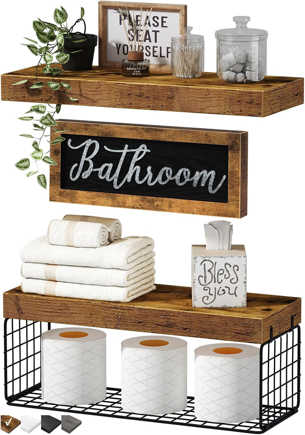 QEEIG ‎Bathroom Shelves Over Toilet - Paper Storage Wall Mounted Farmhouse Decor Decorations Aesthetic Décor Sign Small Floating Shelf 2+1 Set 16 inch, Rustic Brown (020BN)