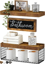 QEEIG ‎Bathroom Shelves Over Toilet - Paper Storage Wall Mounted Farmhouse Decor Decorations Aesthetic Décor Sign Small Floating Shelf 2+1 Set 16 inch, Rustic Brown (020BN)