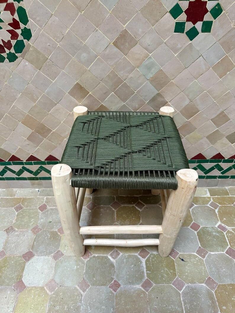Moroccan Handwoven Stool, Rustic Wooden Footstool with Green Geometric Woven Seat, Small Portable Ottoman for Living Room Bedroom, Bohemian Farmhouse Accent Chair
