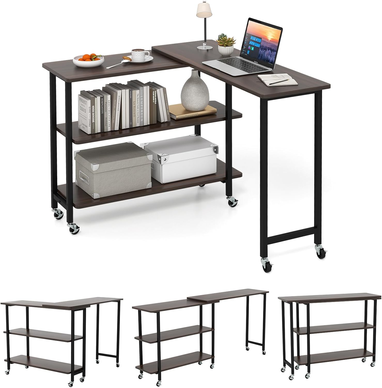 GOFLAME 360° Rotating Sofa Side Table, Mobile Couch Side End Table with 2-Tier Storage Shelves, Swivel Rolling Desk w/Metal Frame, 6 Casters, Movable Laptop Table for Home Office, Patented, Walnut