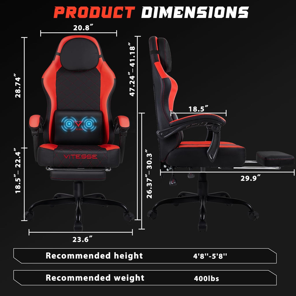 VITESSE Ergonomic Video Gaming Chair for Adults, 400 lbs PC Computer Chair, Racing Office Chair, Silla Gamer Height Adjustable Swivel Chair with Lumbar Vibration Support and Headrest（Red）