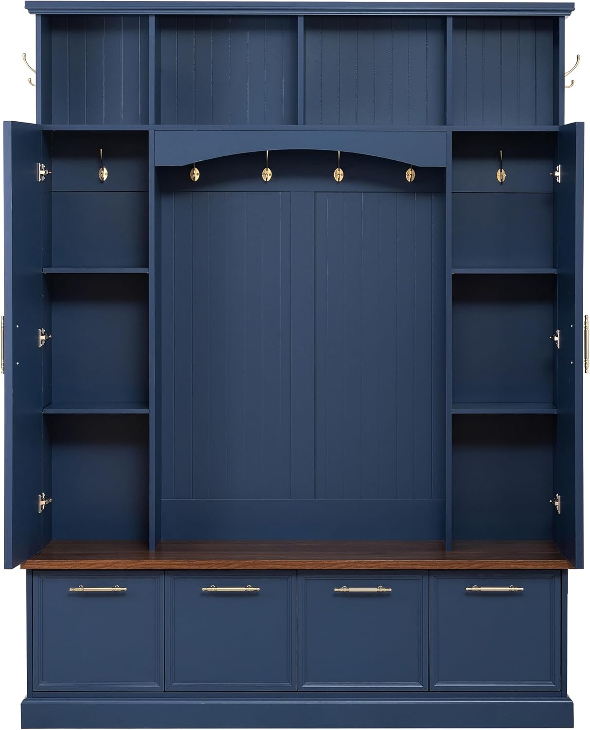 Merax 59" Farmhouse Hall Tree with Golden Hooks & Walnut Bench, Entryway Organizer with Adjustable Shelves, Shoe Storage, Anti-Tip for Mudroom, Living Room, Blue
