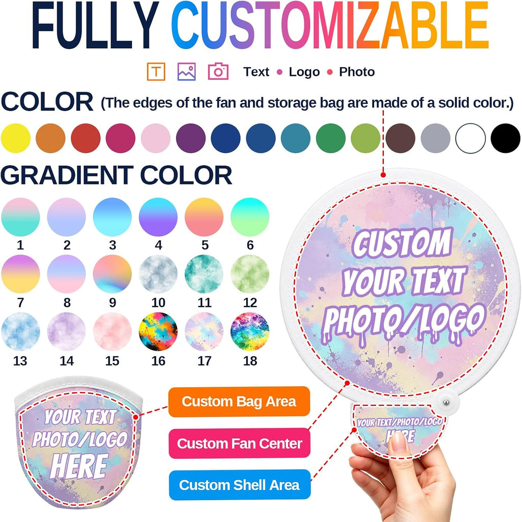 Custom Foldable Flying Disc Fans with Storage Pouches Bulk 100Pcs Personalized Round Handheld Fans with Logo/Photo/ Text personalized Portable Pocket Folding Hand Fans for Wedding Favors, Trade Shows