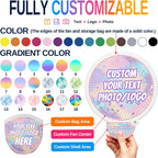Custom Foldable Flying Disc Fans with Storage Pouches Bulk 100Pcs Personalized Round Handheld Fans with Logo/Photo/ Text personalized Portable Pocket Folding Hand Fans for Wedding Favors, Trade Shows