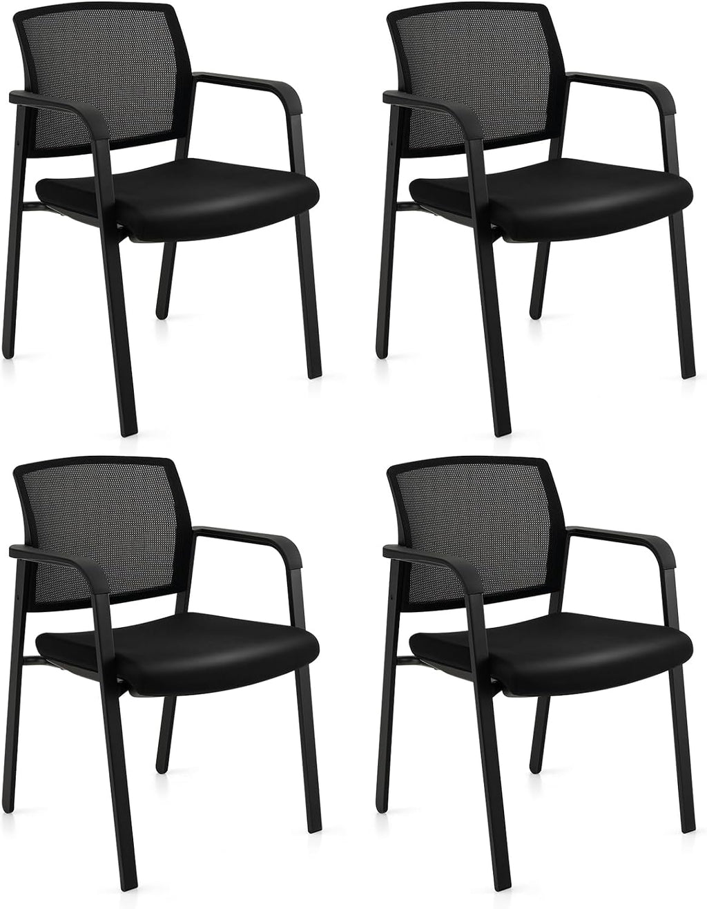 Tangkula Set of 4 Conference Room Chairs, Stackable Office Guest Chairs with Upholstered Seat, Mesh Backrest & Armrests, Waiting Room Chairs for Office, School, Lobby, Black