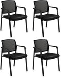 Tangkula Set of 4 Conference Room Chairs, Stackable Office Guest Chairs with Upholstered Seat, Mesh Backrest & Armrests, Waiting Room Chairs for Office, School, Lobby, Black