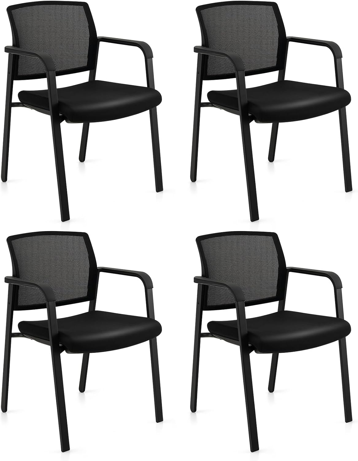 Tangkula Set of 4 Conference Room Chairs, Stackable Office Guest Chairs with Upholstered Seat, Mesh Backrest & Armrests, Waiting Room Chairs for Office, School, Lobby, Black
