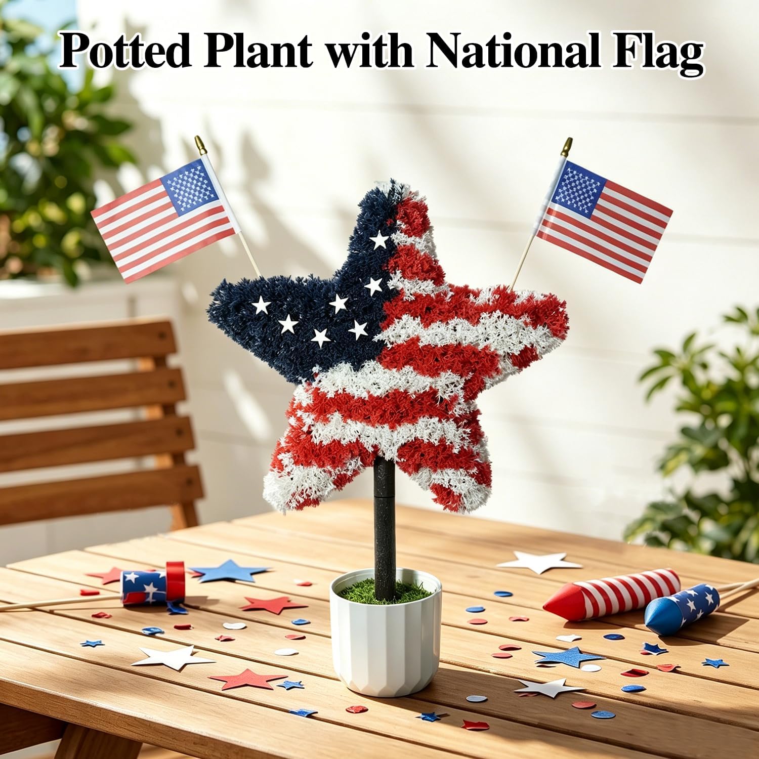 2 Pack Star Topiary Trees for 4th of July Decoration, Outdoor Artificial Plant with Pot & Ground Spike, Front Porch Star Shaped Patriotic Decor w/4 USA Flags, for Memorial Day Independence Day