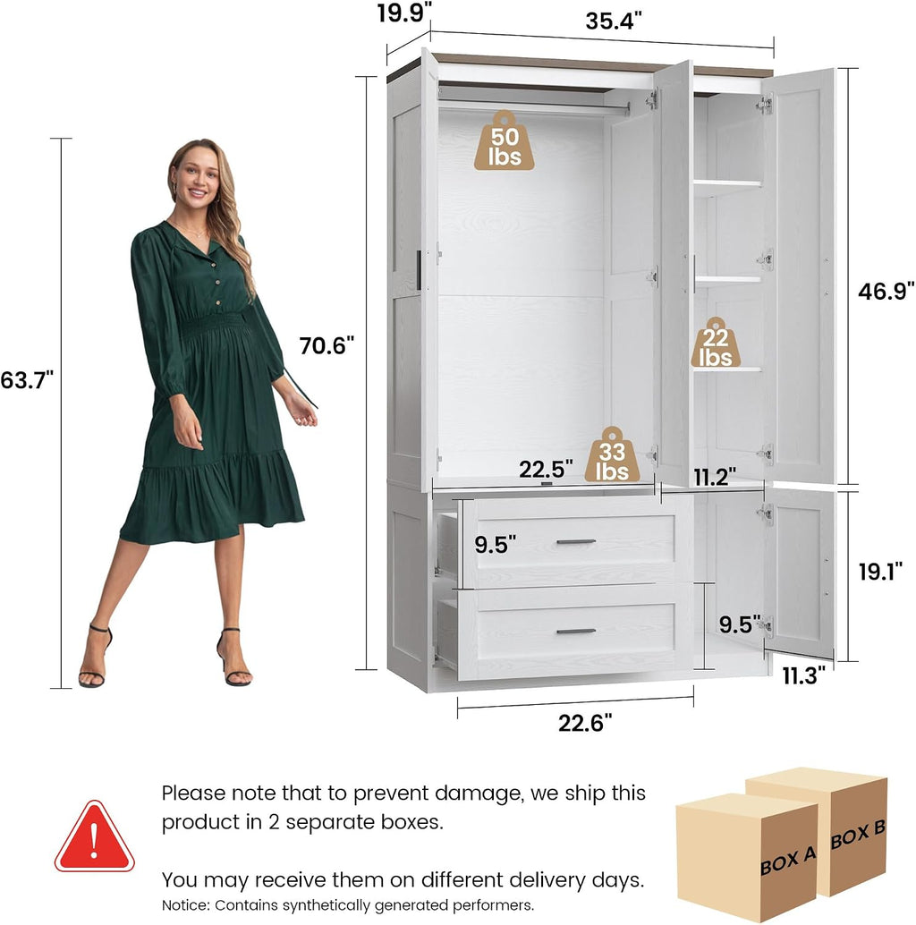ANCTOR Freestanding Wardrobe Closet 70.6" H, Tall Armoire Wardrobe Closet 3 Doors with Hanging Rod, Drawers, Adjustable Cube Shelves and a Closed Cabinet Organizer Modern Bedroom Clothes Cabinet